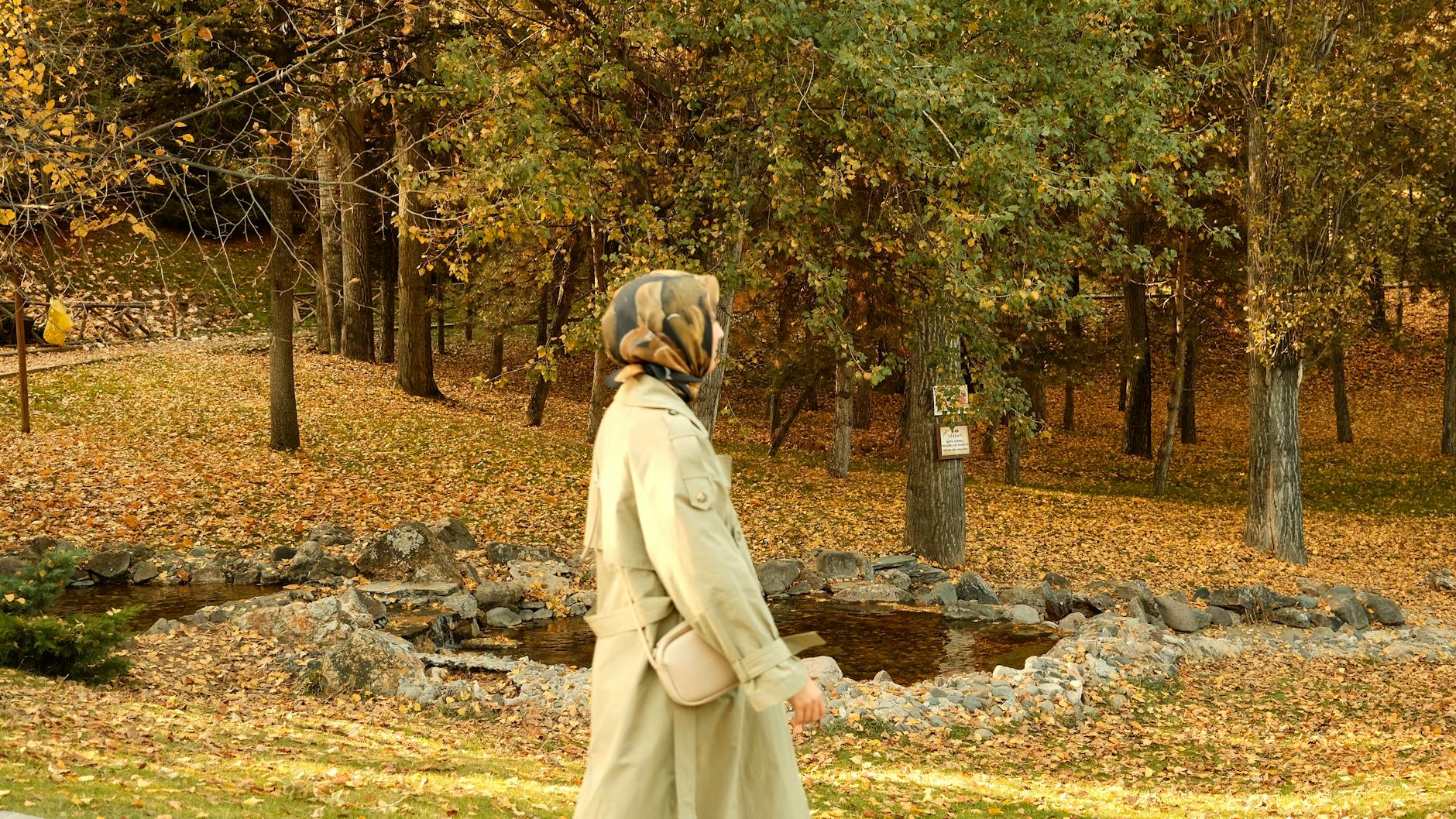 Osoba spacerująca jesienią po parku wśród kolorowych liści